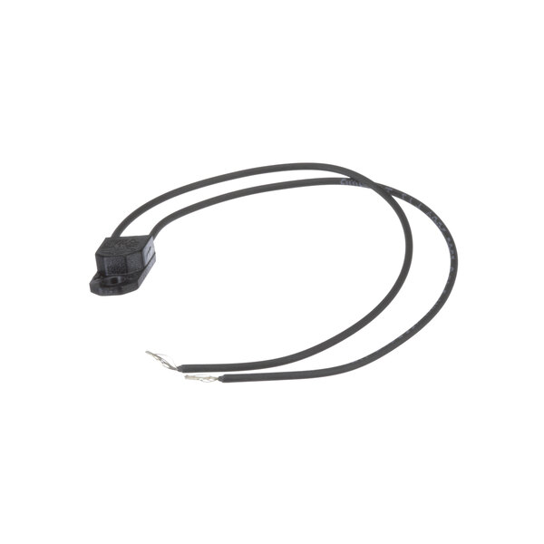 A black cable with a white connector on a black wire with a square object on it.