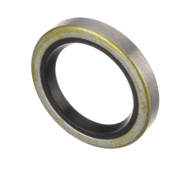 A black and yellow rubber seal with a metal ring.