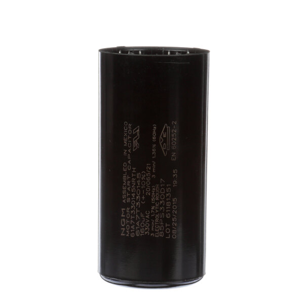 A black cylindrical object with white text: "Master-Bilt Start Capacitor 172-216mfd"