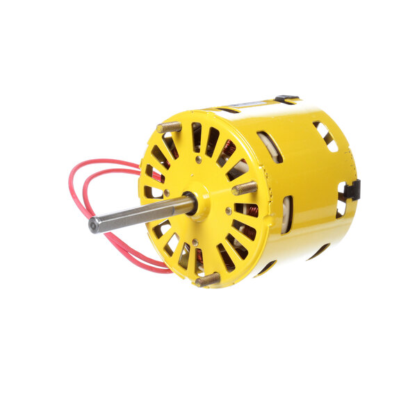 A yellow Norlake electric fan motor with red wires.
