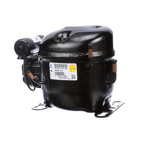 A black Beverage-Air compressor with a white label.