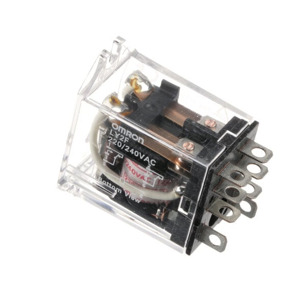 A transparent Lincoln Relay with wires and a metal cover.
