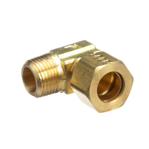A close-up of a Pitco brass threaded elbow fitting with a gold nut.