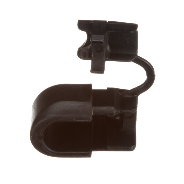 A black plastic corner piece with a hole.