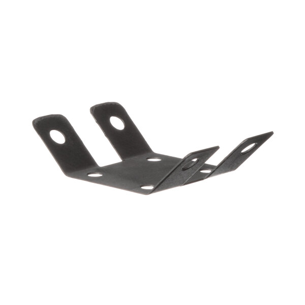 A pair of black metal Frymaster brackets with holes.