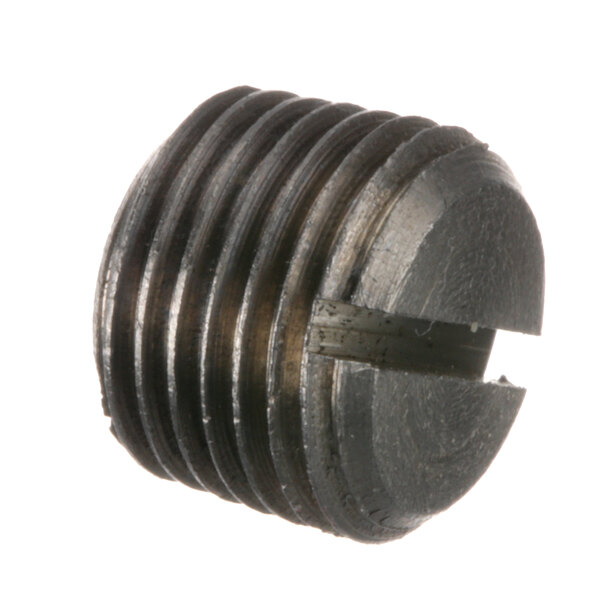 A close-up of a metal Stero plug with a threaded nut.