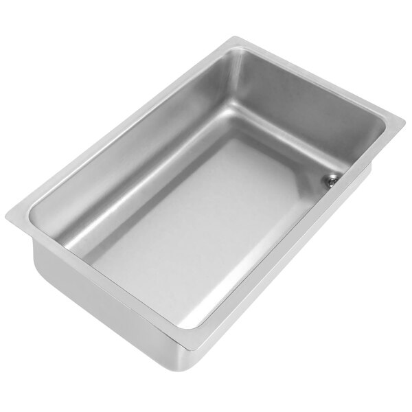 A silver rectangular metal tray with drain studs.