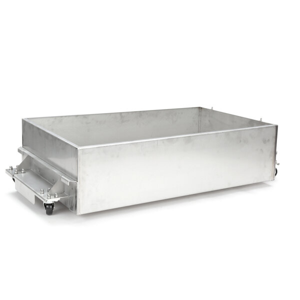 A silver metal rectangular container with wheels.