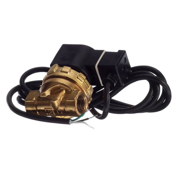 A close-up of a black and gold Somat solenoid valve with a wire attached.