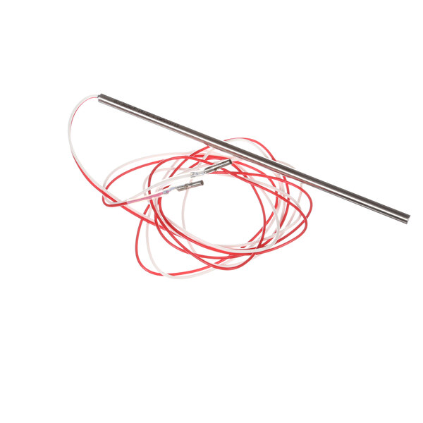 A metal rod with red and white wires.
