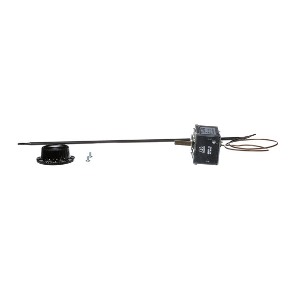 A black Cres Cor thermostat with a metal rod.