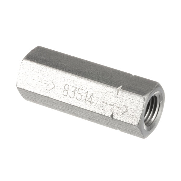 A stainless steel threaded nut with a metal cylinder and screw.