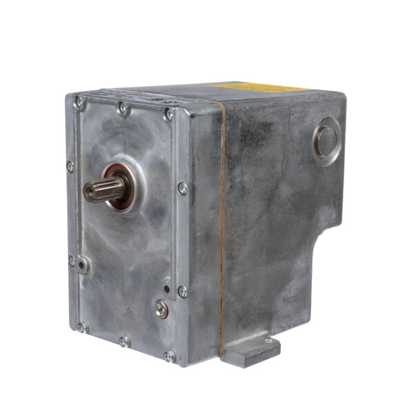 A Southern Pride smoke extractor motor in a metal box with a metal wheel on a round metal shaft.