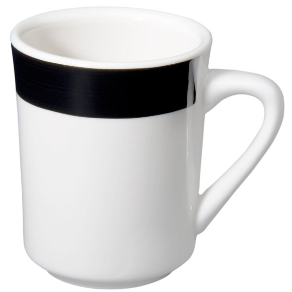 A black and white CAC Rainbow coffee mug with a black stripe.