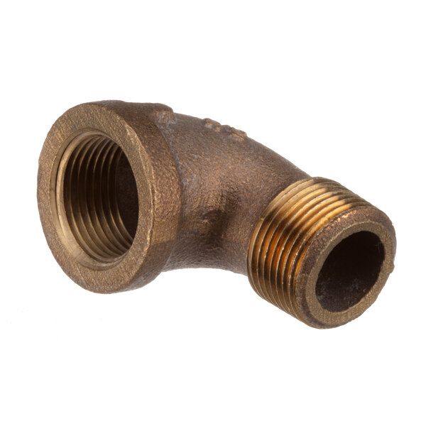 A close-up of a Blakeslee brass street elbow pipe fitting with a threaded end.