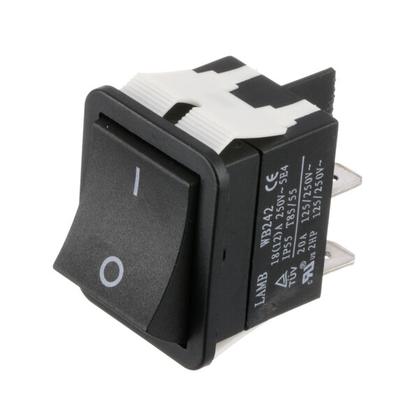 A close-up of a black Prince Castle rocker switch with white text.