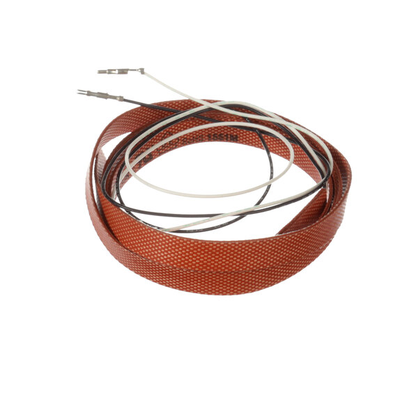 A brown cable with two wires and a white wire connected to a close-up of a wire.