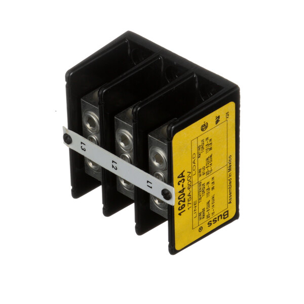 A black rectangular Frymaster terminal block with three yellow terminals and a yellow label.