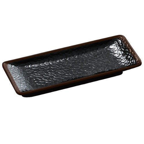 A rectangular black melamine plate with a brown border.