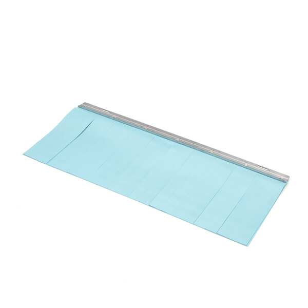 A blue plastic sheet with a metal bar.