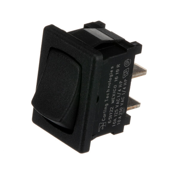A black Perlick rocker switch with a black button.