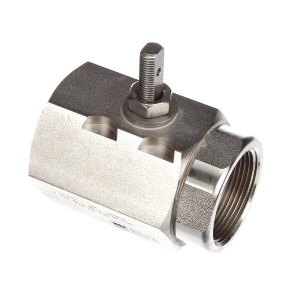 A close-up of a stainless steel Henny Penny drain valve with a nut.