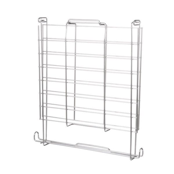 A metal rack with many wire rods and two metal baskets with wire handles.