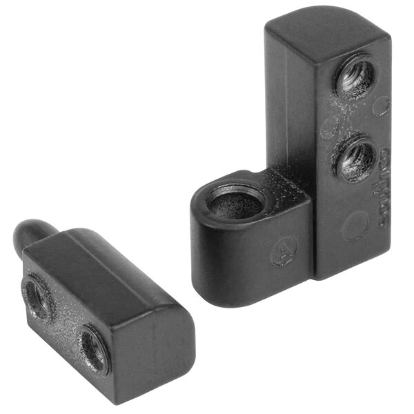 A black plastic Bakers Pride hinge block with holes on both sides.