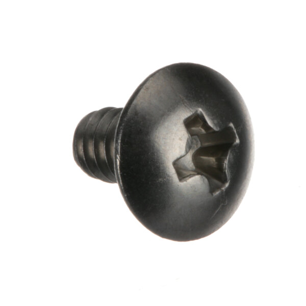 A close-up of a metal Hobart screw with a hole in it.