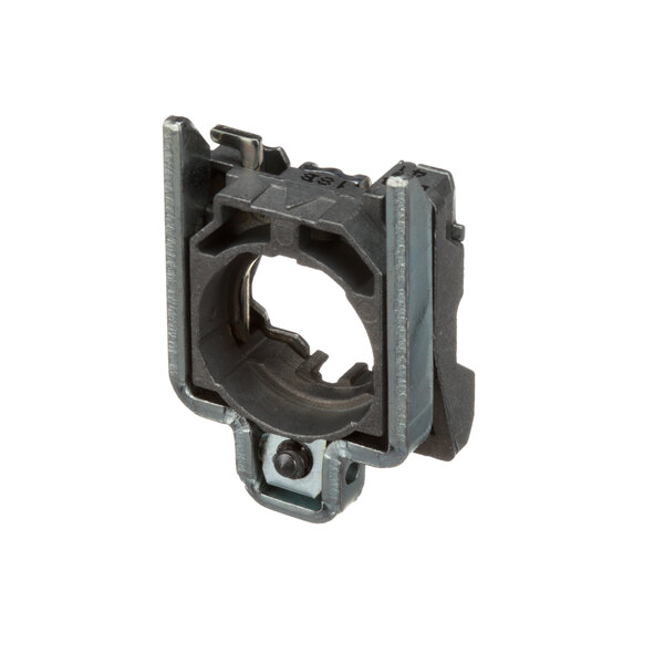 A black metal mounting latch with a hole in it.