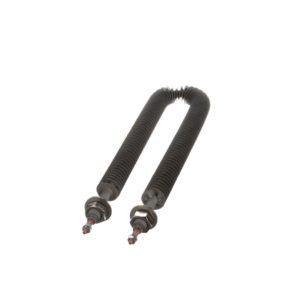 A close-up of two black rubber hoses with metal screws.