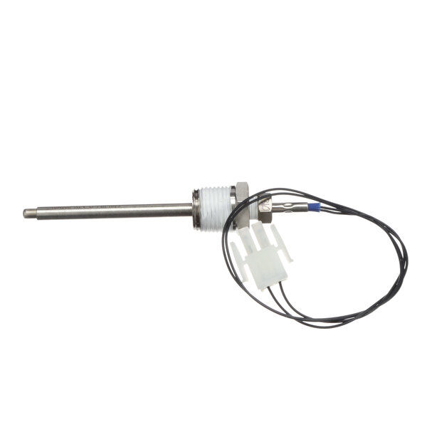 An Ultrafryer Systems temperature probe with a metal rod and white and black wires.