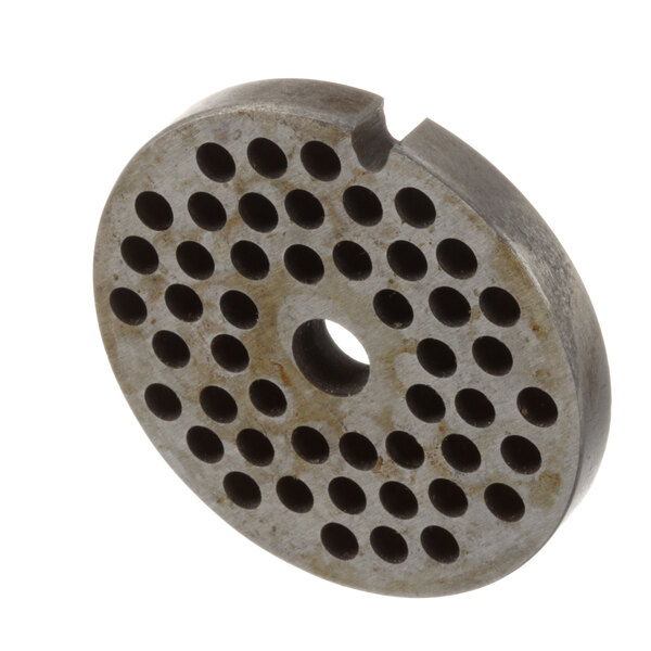 A close-up of a circular metal Blakeslee meat grinder plate with holes.