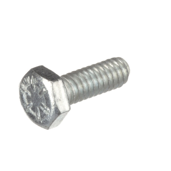 A close-up of a Cleveland 1/4-20x3/4 hex head screw with zinc plating.