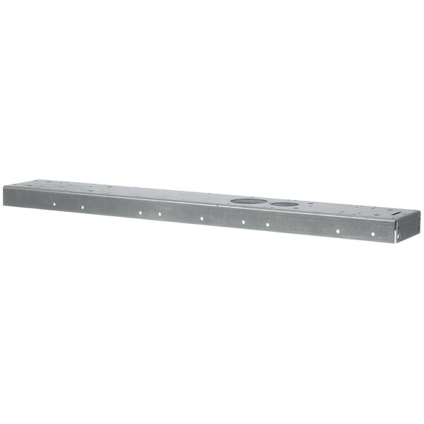 A metal shelf with two rectangular holes in it.