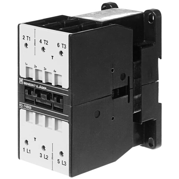 A black and white electrical contactor with three switches and two outlets.