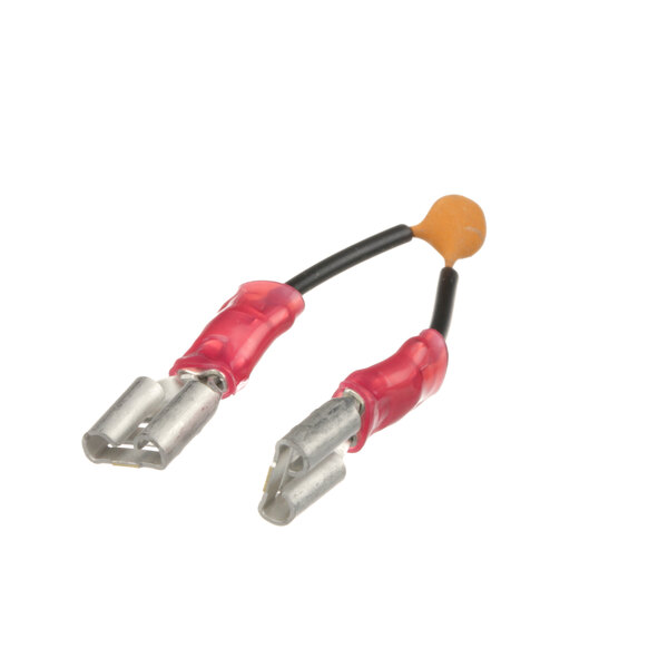 A close-up of a Frymaster capacitor cable with a red connector and red and orange wires.