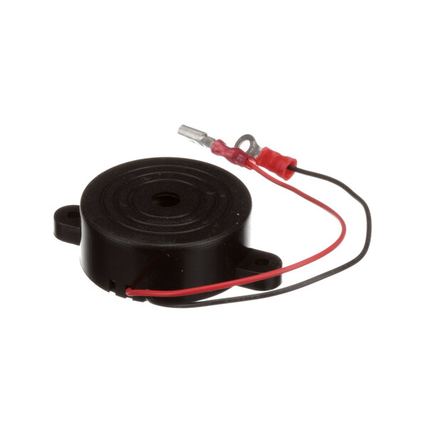 A black electrical device with red and black wires.