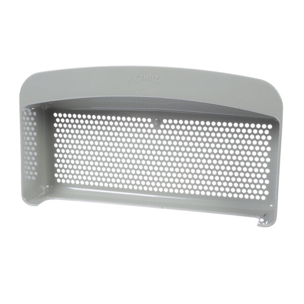 A grey plastic basket with a white mesh screen with holes.
