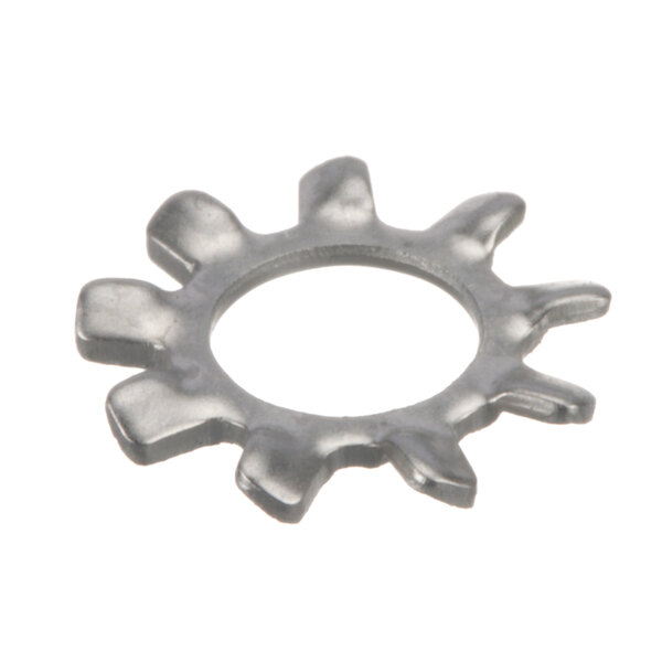 A close-up of a Vulcan lock washer, a silver metal ring with a star shape.