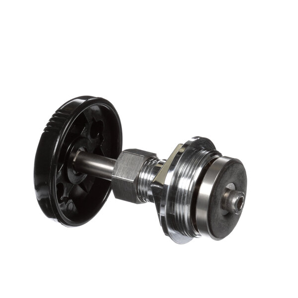 A Groen valve stem assembly with a black and silver metal wheel.