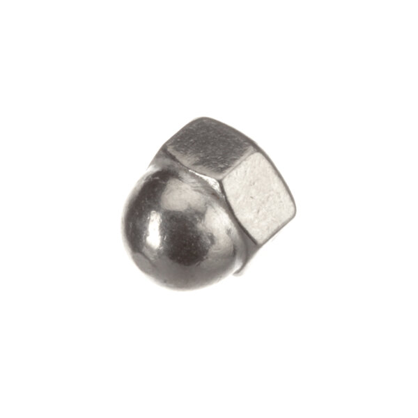 A close-up of a silver metal Groen hex cap nut.