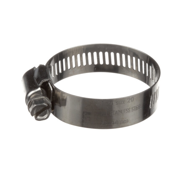A Groen stainless steel metal hose clamp with a screw.