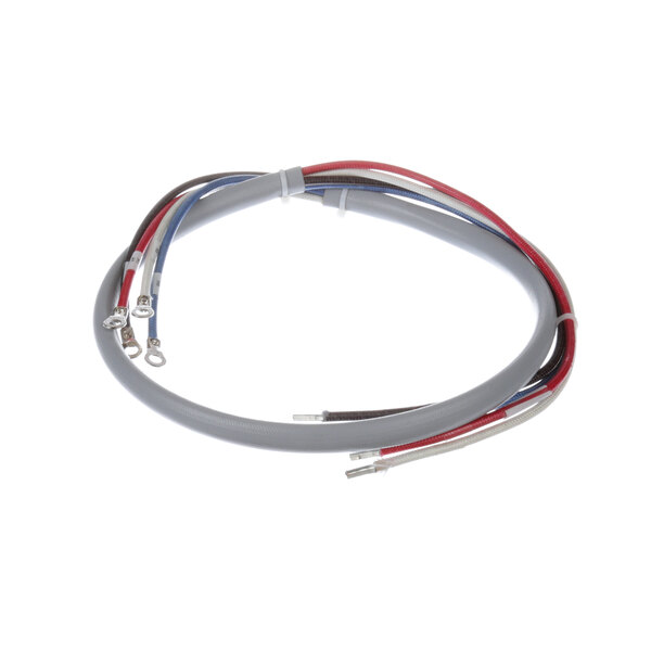 A close-up of a Groen 141366 wire harness with red, blue, and white wires.