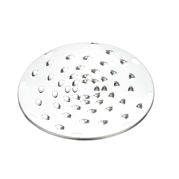 A stainless steel circular disc with holes in it.