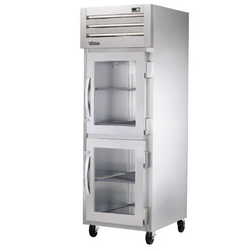 A white metal True holding cabinet with glass half doors.