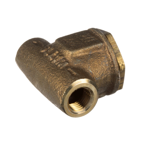 A Cleveland brass threaded pipe fitting for a metal pipe.