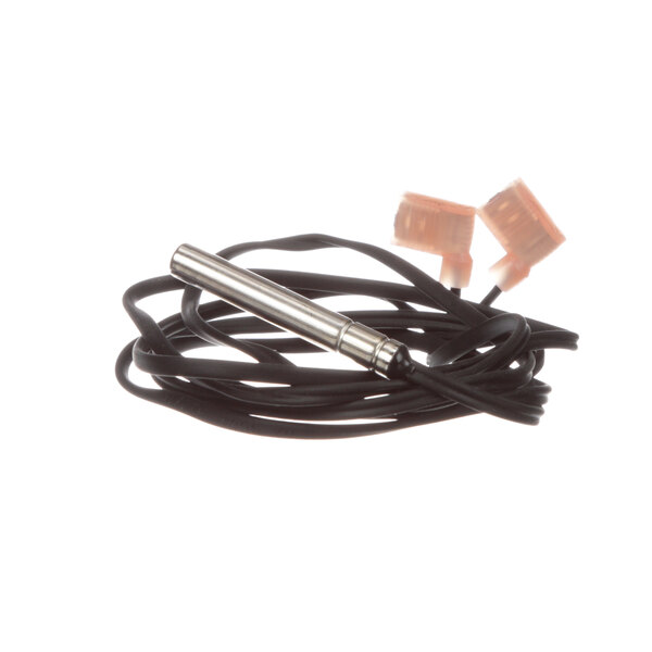 A black cord with a metal tube and a small orange wire.