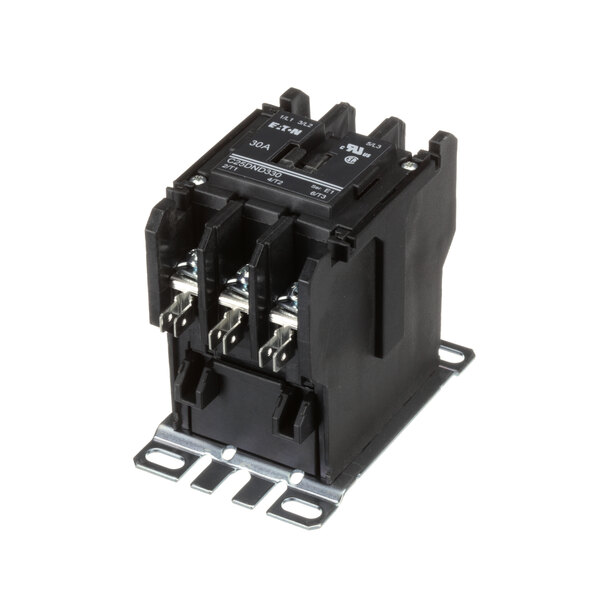 A black US Range contactor with metal brackets and three terminals.
