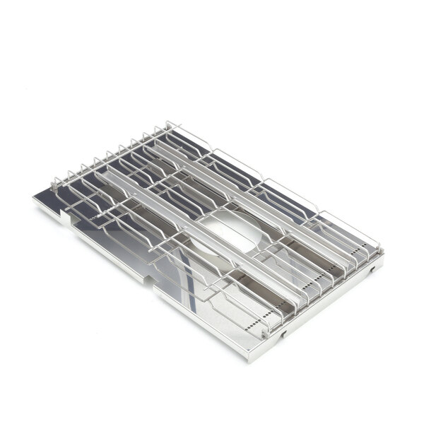 A stainless steel metal grid with a handle on it.